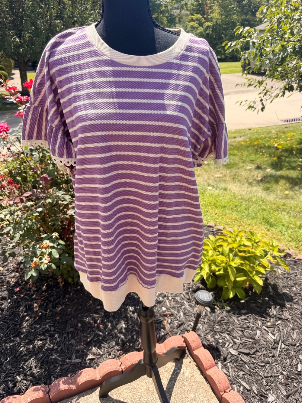 SHEIN Purple & White Striped Short Sleeve Knit Top with Lace Trim